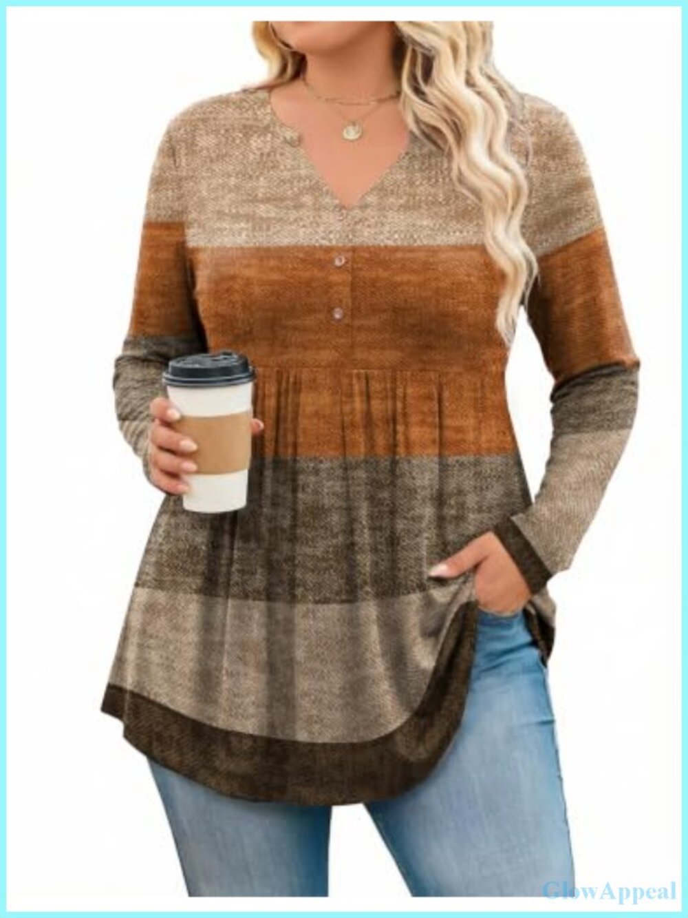 Plus Size Long Sleeve Henley Tunic Top Flowy Blouse